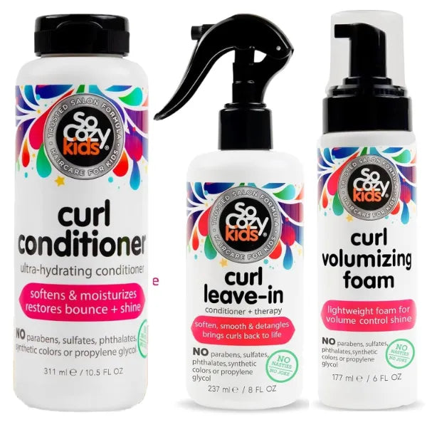 So Cozy Volumizing Foam, Leave-In Conditioner with Olive Oil & Vitamin B5 (Sweet-Pea), and 10.5 Fl Oz Softening Conditioner for Kids Curly Hair