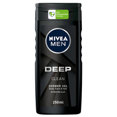 NIVEA MEN 3in1 Shower Gel Body Wash, Cleansing DEEP Micro-Fine Clay, Woody Scent, 250ml (Pack of 2)
