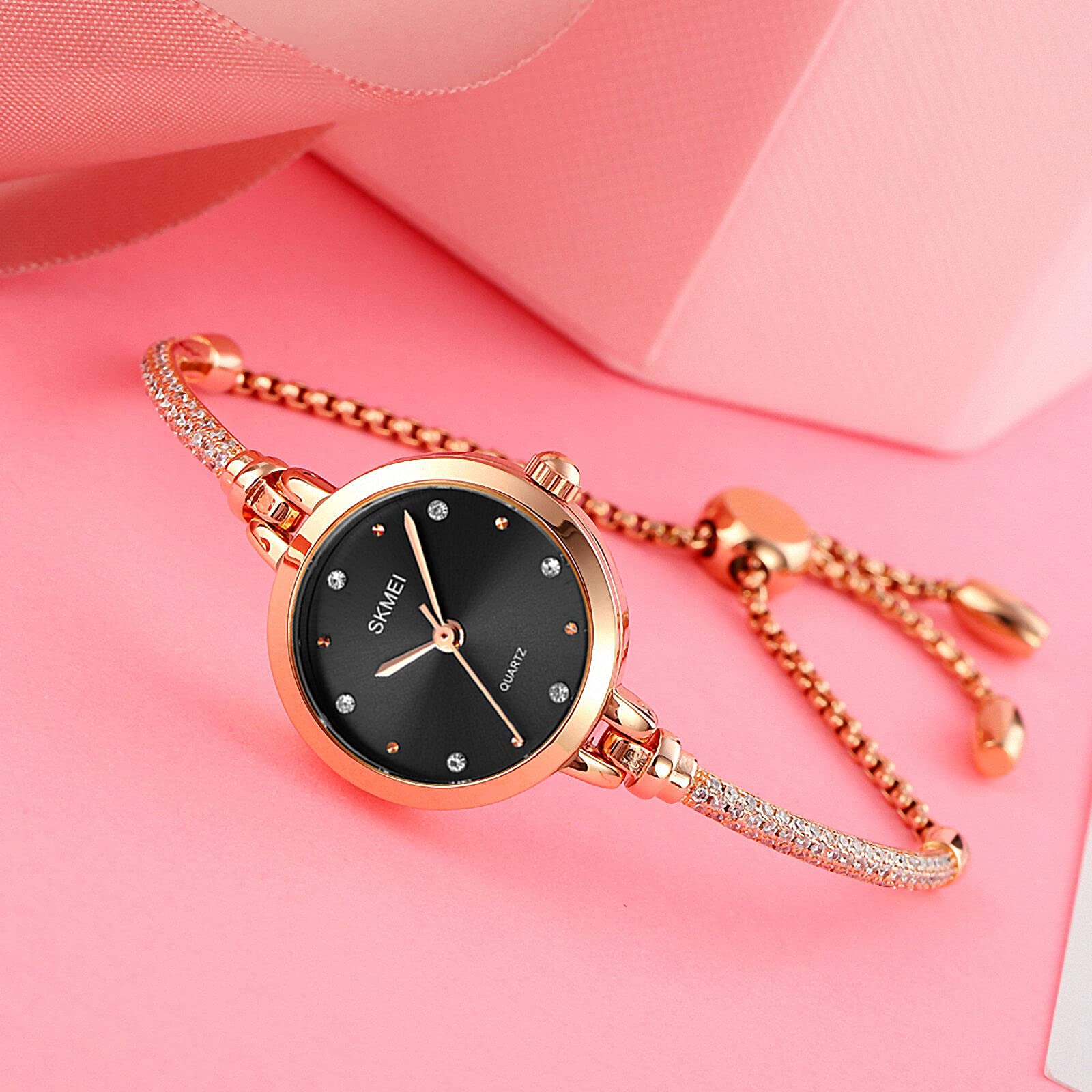 SKMEI Women Wrist Watch, Women Quartz Watch Fashion Thin Premium Crystal-Accented Watch, Rose Gold - Black, 0.9*0.3*0.1 inch,