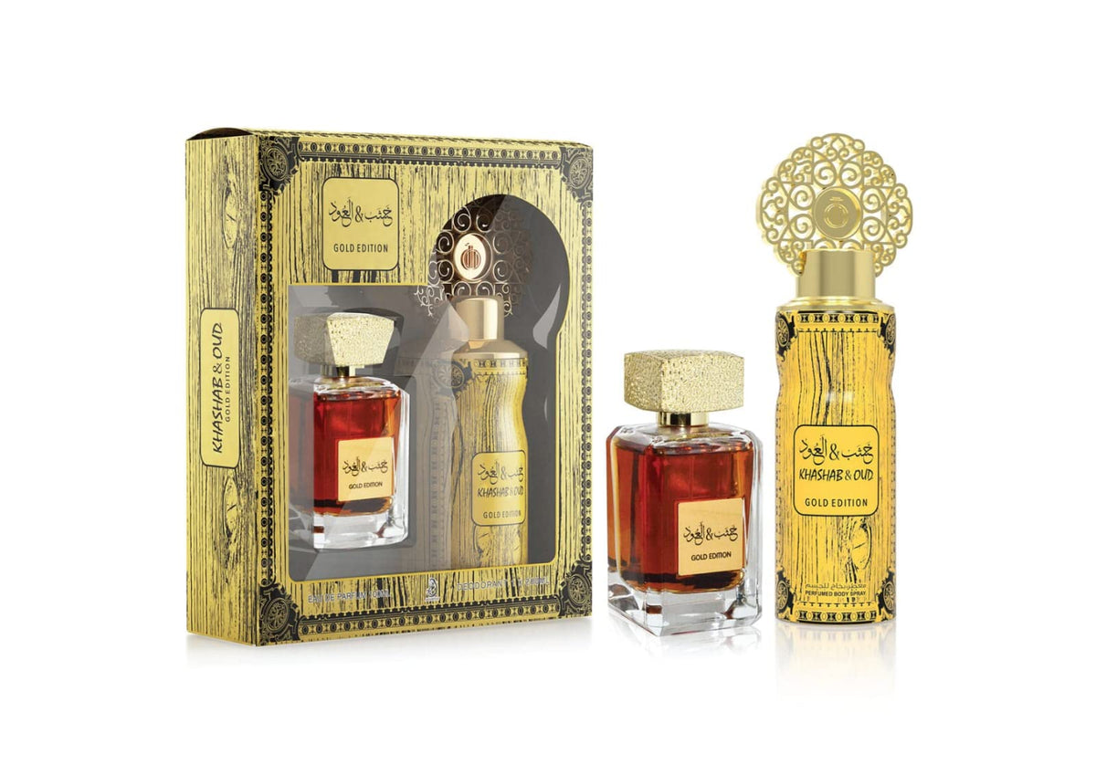 MY PERFUMES KHASHAB & OUD GOLD EDITION from ARABIYAT 2 Pieces Perfume Gift Set for Unisex, 100 ml Eau De Parfum and 200 ml Perfume Spray
