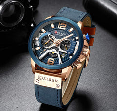 CURREN Mens Leather Watch Chronograph Fashion Military Multi-Function Waterproof Quartz Watch Leather Strap (Gold) (Blue)
