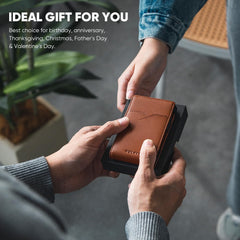 VULKIT Minimalist Wallet with Money Band RFID Wallet for Mens Pop Up Wallet Leather Wallet with ID Window & Elastic Band Closure - Brown
