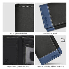 VALENCHI Men's Genuine Leather Rfid Blocking Slim Trifold Wallet With 7 Cards+1 Id Window+2 Note Compartments - Blk/Blue Nappa