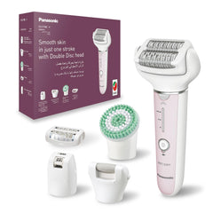 Panasonic ES-EY80 Wet and Dry Epilator for women, Double Disc with 60 Tweezers, Flexible 90° Pivoting Head, 3 Speed Setting & LED Light, Up to 30 Minutes Operation Time, 5 attachments