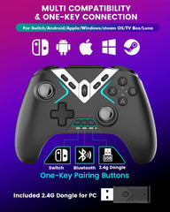 Bluetooth Controller for Windows PC/iPhone/Android/Switch/steam OS/TV, 2.4G Wireless Game Controller with USB Dongle&Phone Clip with Hall Trigger/2 Triggers/Macro/Joystick Speed Down/Gyro Aim/Motors