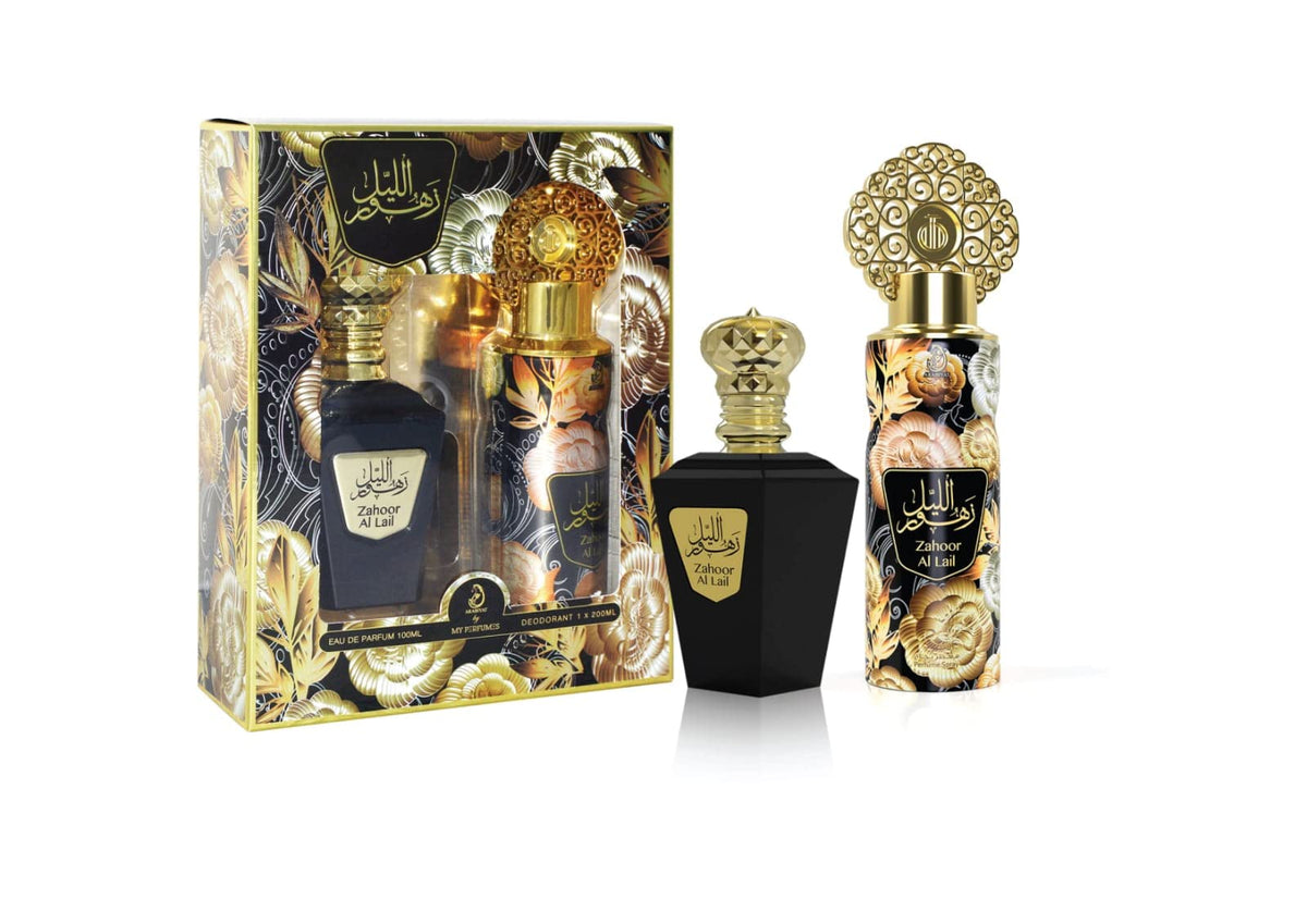 My Perfumes ZAHOOR AL LAIL from ARABIYAT 2 Pieces Perfume Gift Set for Unisex, 100 ml Eau De Parfum and 200 ml Perfume Spray