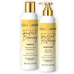 BASK & LATHER Sulfate-Free Scalp Shampoo & Conditioner Set, Aloe & Mint | Scalp-first duo with Aloe & Mint; shampoo lifts buildup, conditioner softens & detangles. Sulfate-free & vegan.