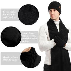 Cybrixus Winter Hat Scarf Glove Set, 3 in 1 Wool Hat Gloves & Scarf Winter Set, Women Winter Hats 3-Piece Warmer Set,Men Womens Ski Cap Touch Screen Mittens Suit Couples Matching Hats for Men Women - Black