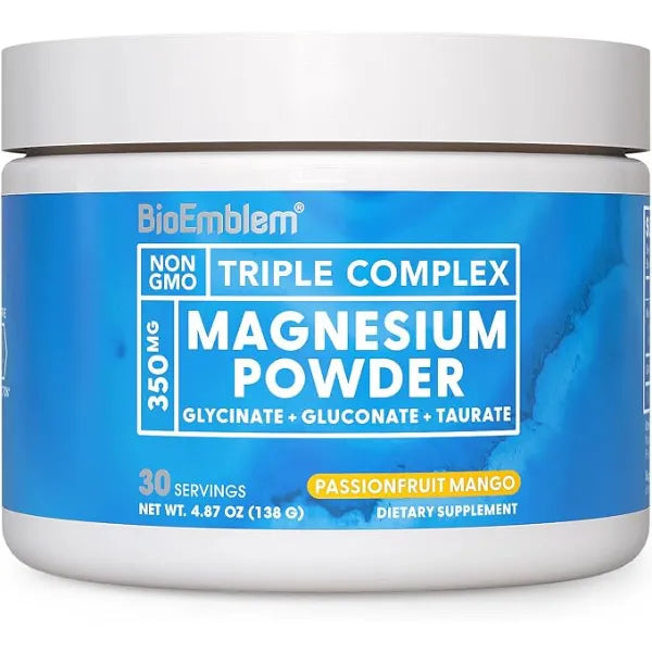 BioEmblem Triple Magnesium Powder Drink 350mg, Passionfruit Mango Flavor Magnesium Glycinate, Gluconate & Taurate with GABA For Rest, Sleep and Brain Health No Added Sugar Vegan