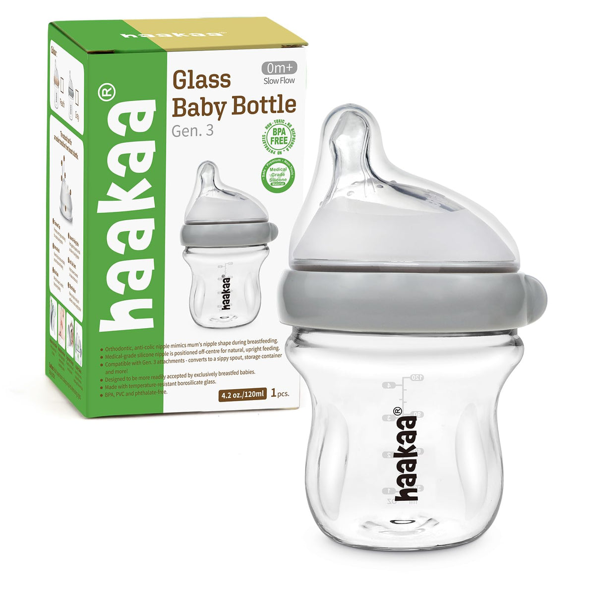 haakaa Gen.3 Natural Glass Baby Bottle 4.2oz/120ml - Wide Neck Anti-Colic Slow Flow Nipple for 0M+ Breastfed Baby, Newborn Registry Essentials,BPA-Free - 1 PK