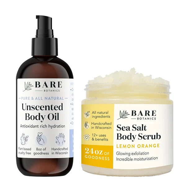 BARE BOTANICS Unscented Body Oil (Custom Formulated) + Lemon Orange Body Salt Scrub