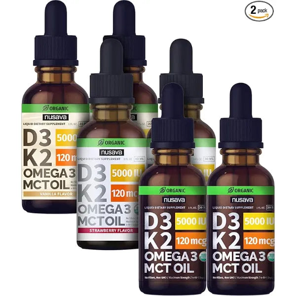 NUSAVA Unflavored, Strawberry Flavored, & Vanilla Flavored D3 K2 Liquid Drops Bundle Potent Liquid Vitamins for Heart, Joint, Bone, Muscle, & Immune Support Non GMO, Gluten Free, 2pk Each