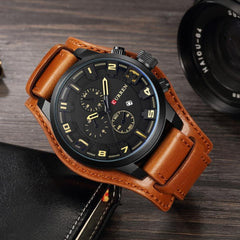 CURREN Leather Analogue - Digital Men's Watch (Khaki Colored Strap)