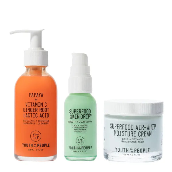 Youth To The People Smooth + Dewy Skin Essentials - Superfruit Papaya + Vitamin C Gentle Exfoliating Cleanser (5oz) + Superfood Air Whip Face Moisturizer (2oz) + Superfood Skin Drip Face Serum (1oz)