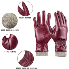 REDESS Winter Leather Gloves for Women, Wool Fleece Lined Warm Gloves, Touchscreen Texting Thick Thermal Snow Driving Gloves - Wine Red