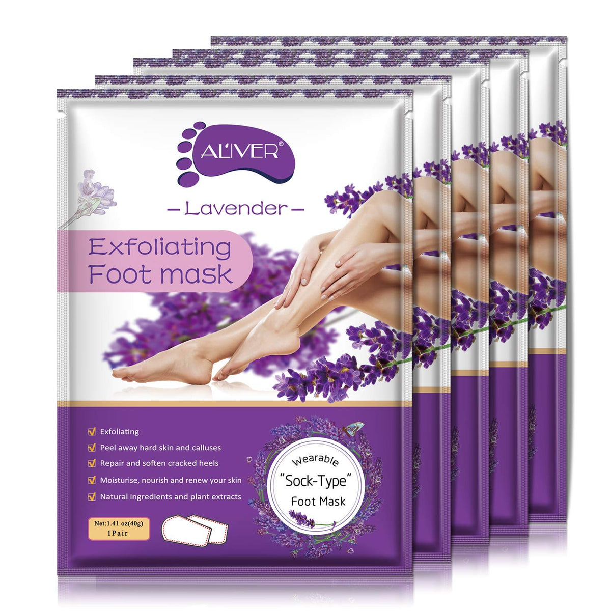 ALIVER Foot Peel Mask - 5 Pack, Exfoliating Feet Mask For Baby Soft Skin, Repair Dead Skin, Calluses, ed - Lavender