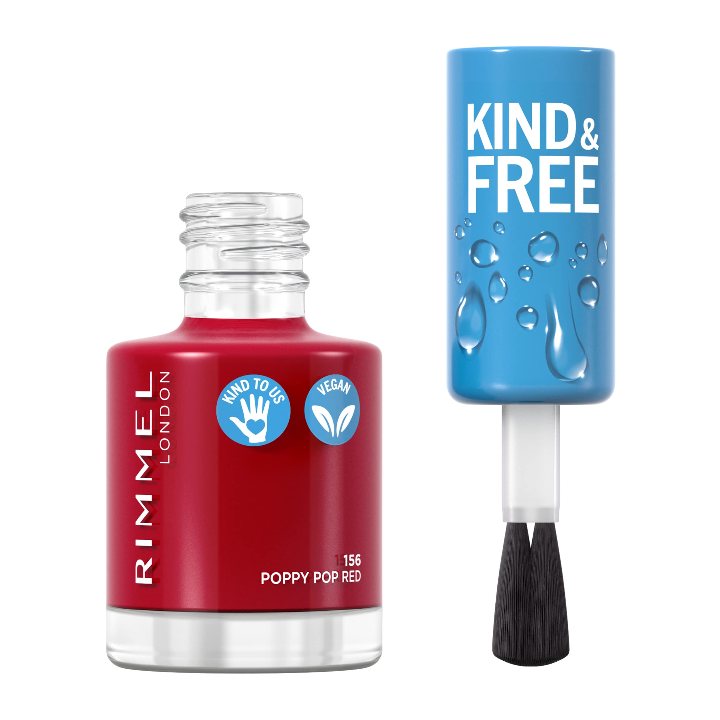 Rimmel KIND & FREE Clean Nail Polish - Breathable Top Coat - Plant-based Formula - Kind To Animals & Vegan - 8 ml - 25oz, shade 156 Poppy Pop Red