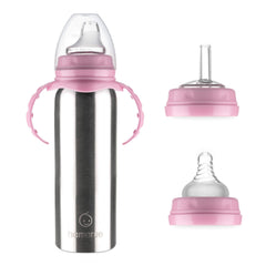 Hamarue 3-in-1 Stainless Steel Sippy Cups for Toddlers | Non-Toxic Insulated Stainless Steel Baby Bottle | Straw Cup With Removeable Handles | Plastic Free Liquid Transfer (8 oz Pink)