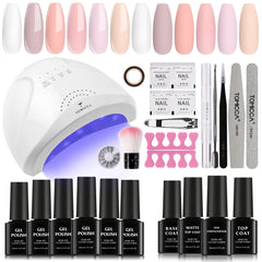 TOMICCA Gel Nail Polish Set Starter Kit, 6 Colors Nude Pink White and Base Top Coat Gel Polish with 48W UV Nail Lamp Dryer(3 Timer Setting), Essentials Nail Art Tools Accessories