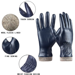 REDESS Winter Leather Gloves for Women, Wool Fleece Lined Warm Gloves, Touchscreen Texting Thick Thermal Snow Driving Gloves - Navy