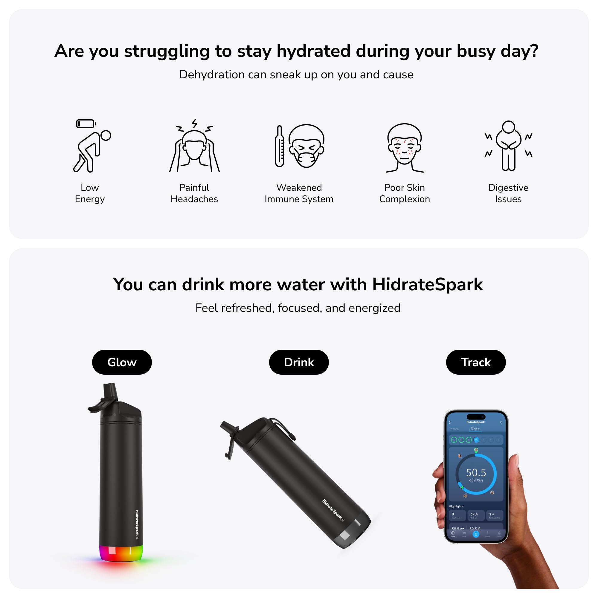 Hidrate Spark STEEL Smart Water Bottle - Tracks Water Intake & Glows to Remind You to Stay Hydrated, Straw, 21 oz, Black