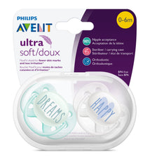 AVENT Philips Ultra Soft Pacifier 0-6 Months, Dreams and Happy Designs, 4 Pack, White/Green, SCF222/43