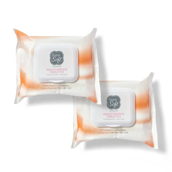 Simply Soft Premium Makeup Remover Towelettes 50 Wipes (2 packs of 25 wipes), Citrus Scent Makeup Wipes, Hypoallergenic & pH Balanced Sensitive Skin Cleansing Face Wipes, Non-greasy