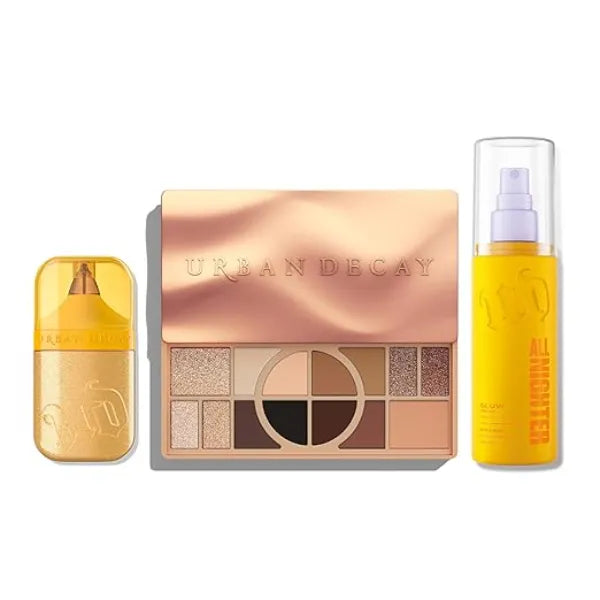 URBAN DECAY Radiant Holiday Makeup Look (Glow Getter 3Pc Bundle) Makeup Set for Eye + Face All Nighter Dewy Setting Spray, Naked Shaped Eyeshadow Palette, Face Bond Luminizer Liquid Highlighter