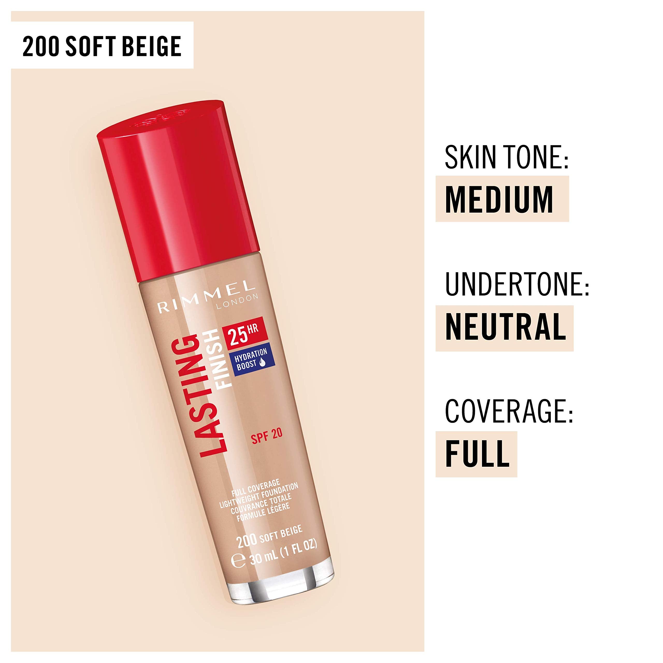 Rimmel London, Lasting Finish 25 Hour Foundation With Spf 20, 200 Soft Beige, 30 ml