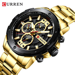 Bundles of 2,CURREN 8336 Man Quartz Wristwatch Luminous Date Display 1/10 Second Minute Second Chronograph Dial Stainless Steel Watchband Male Watch - Gold