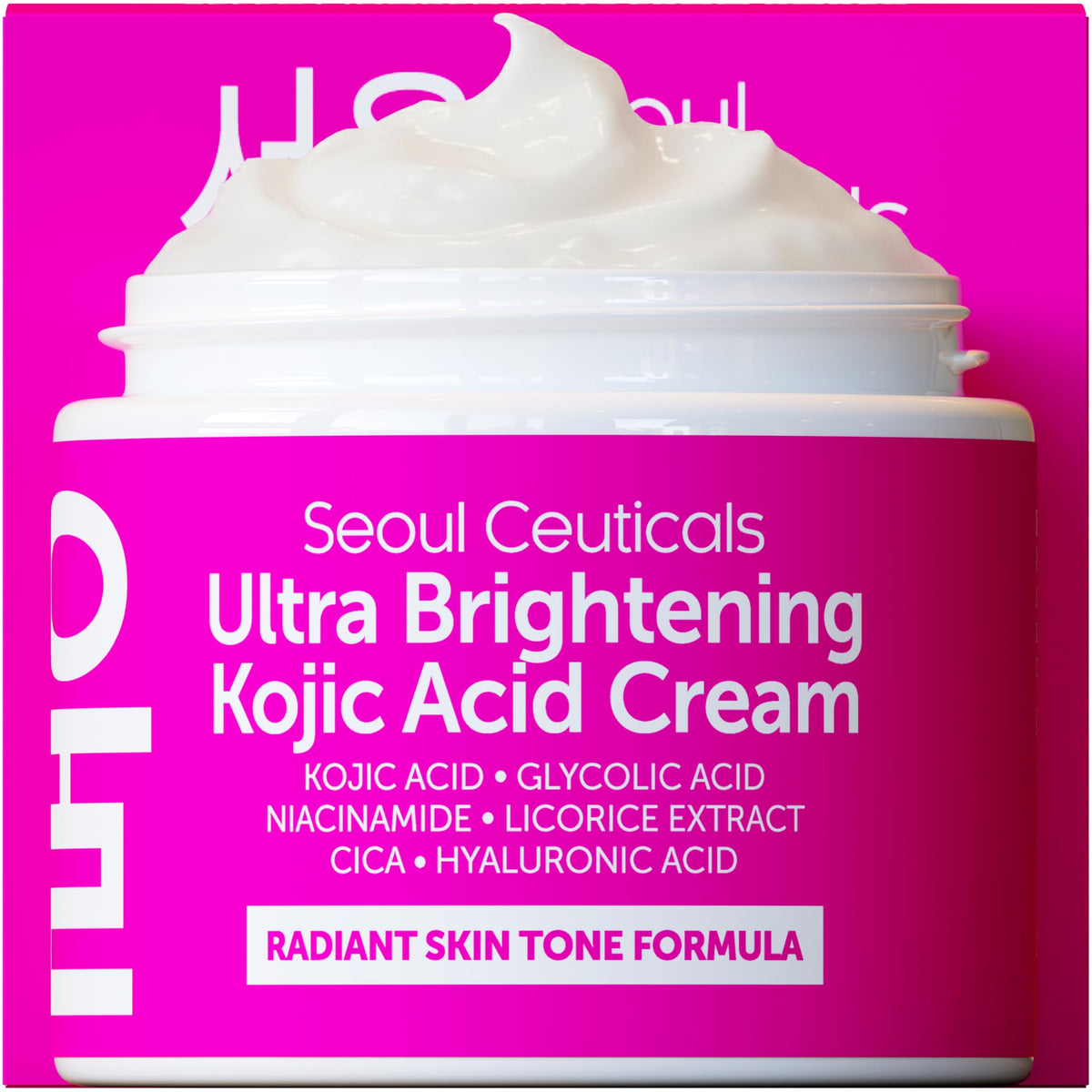 SeoulCeuticals Korean Kojic Acid Cream Dark Spot Remover + Glycolic Acid + Niacinamide + Cica + HA Moisturizer - Cruelty Free K Beauty Skincare 2oz