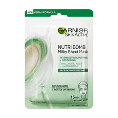 Garnier Nutri Bomb Milky Sheet Mask, With Almond Milk and Hyaluronic Acid for Hydrated Glowing Skin, Intensely Nourishing & Restoring Milky Face Masks, Vegan Tissue