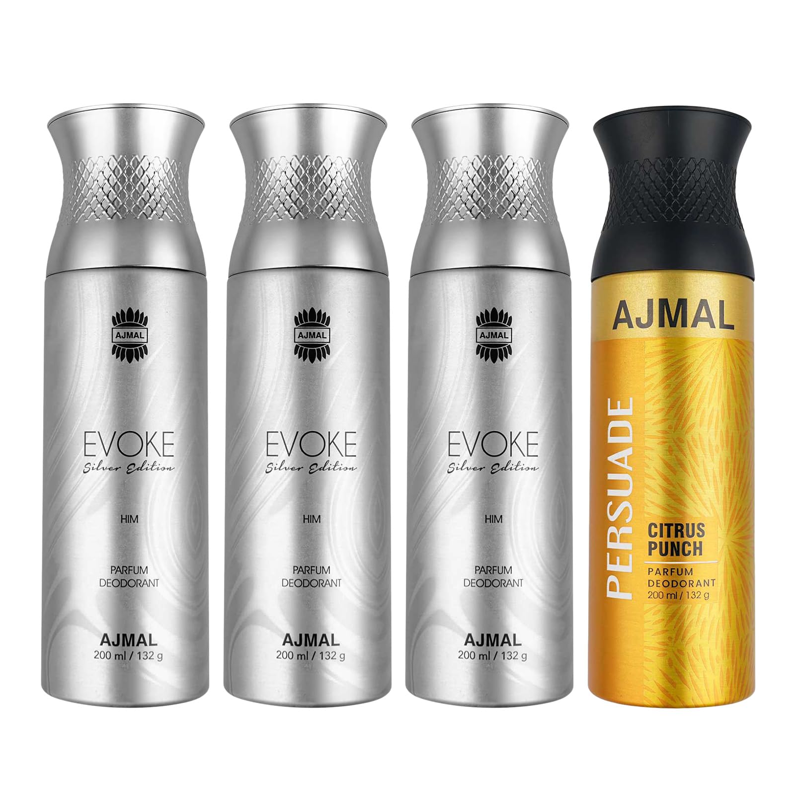 Ajmal 3 Evoke Silver Edition for Him for Men and 1 Persuade for Men & Women Deodorants each 200ML Combo pack of 4 (Total 800ML) + 4 Parfum Testers