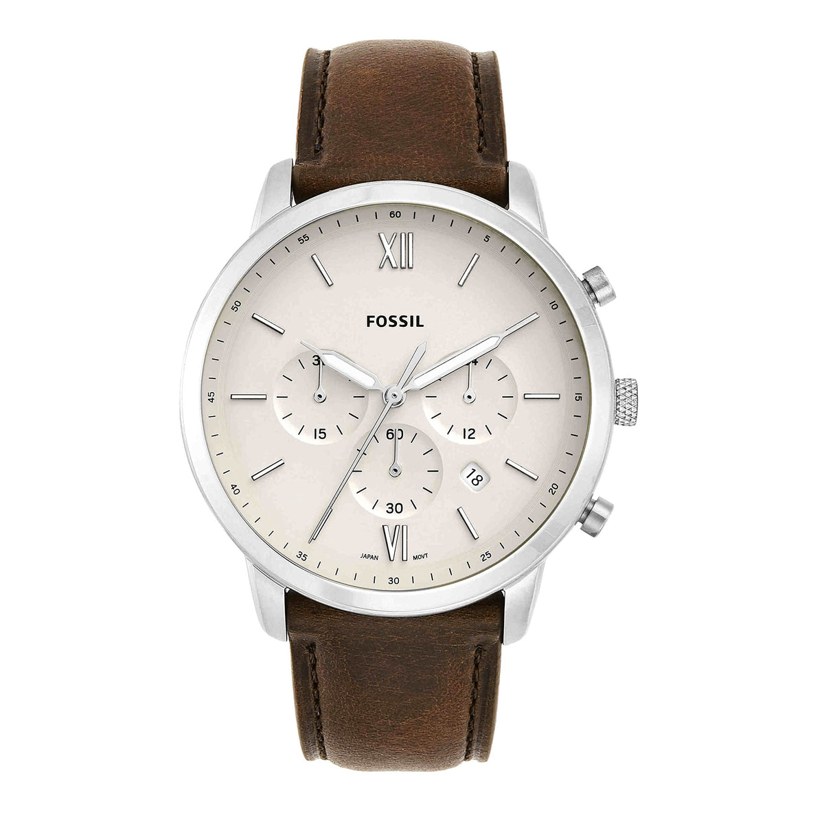 Fossil Mens Quartz Watch, Analog Display and Leather Strap Brown/White