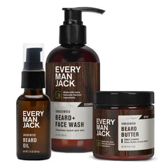 Every Man Jack Unscented Beard Bundle, Fragrance Free for Sensitive Skin - Contains (1) each of Beard & Face Wash, Beard Butter, and Beard Oil