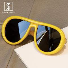 Oversized Trendy Polarized Pilot Sunglasses for Women Men Retro Oval Flat Top Frame Curved Metal Designer Eyewear