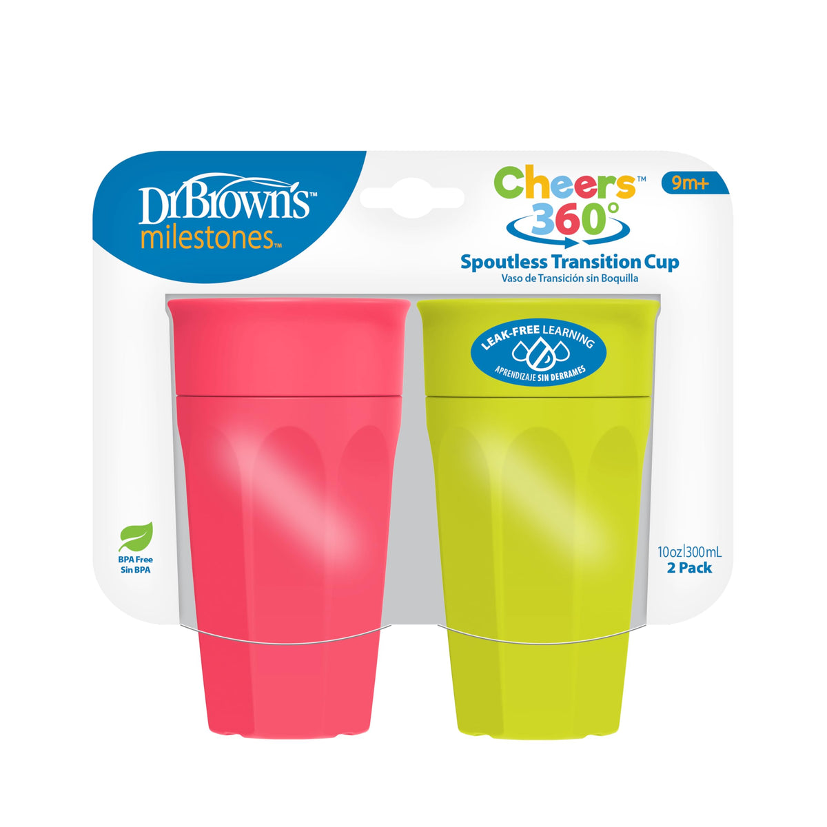 Dr. Brown's Cheers 360 Spoutless Training Cup, 9m+, 10 Ounce, Pink/Turquoise, 2 Count