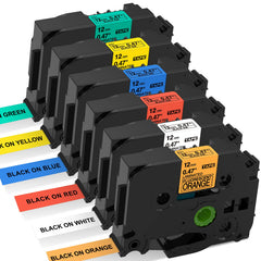Label Kingdom Replacement Label Tape Compatible with Brother P-Touch TZE Label Tape 12mm 0.47" Laminated for P-Touch Label Maker PT D210 H110 D400, Black on White/Orange/Red/Blue/Yellow/Green, 6 Pack