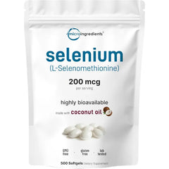 Micro Ingredients Selenium Supplements for Women & Men 200mcg Per Serving, 500 Softgels | Made with Coconut Oil | Essential Trace Mineral as L-Selenomethionine | 16+ Month Supply | Non-GMO, Gluten Free