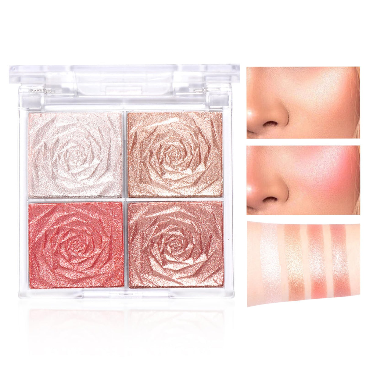 GEEWHILE Shimmer Blushers For Cheeks Make Up, 4 Colors Long-Lasting Blush Palette, 3 In 1 Blusher Contouring Highlighting, Natural-Looking Powder Blush for Women, Smudge-proof & Sweat-Resistant Blush