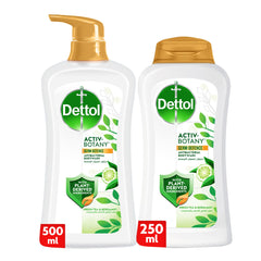 Dettol Activ-Botany Antibacterial Showergel & Bodywash, Green Tea & Bergamot Fragrance, with Plant-Derived Ingredients for Effective Germ Defence & Personal Hygiene, 250ml + 500ml