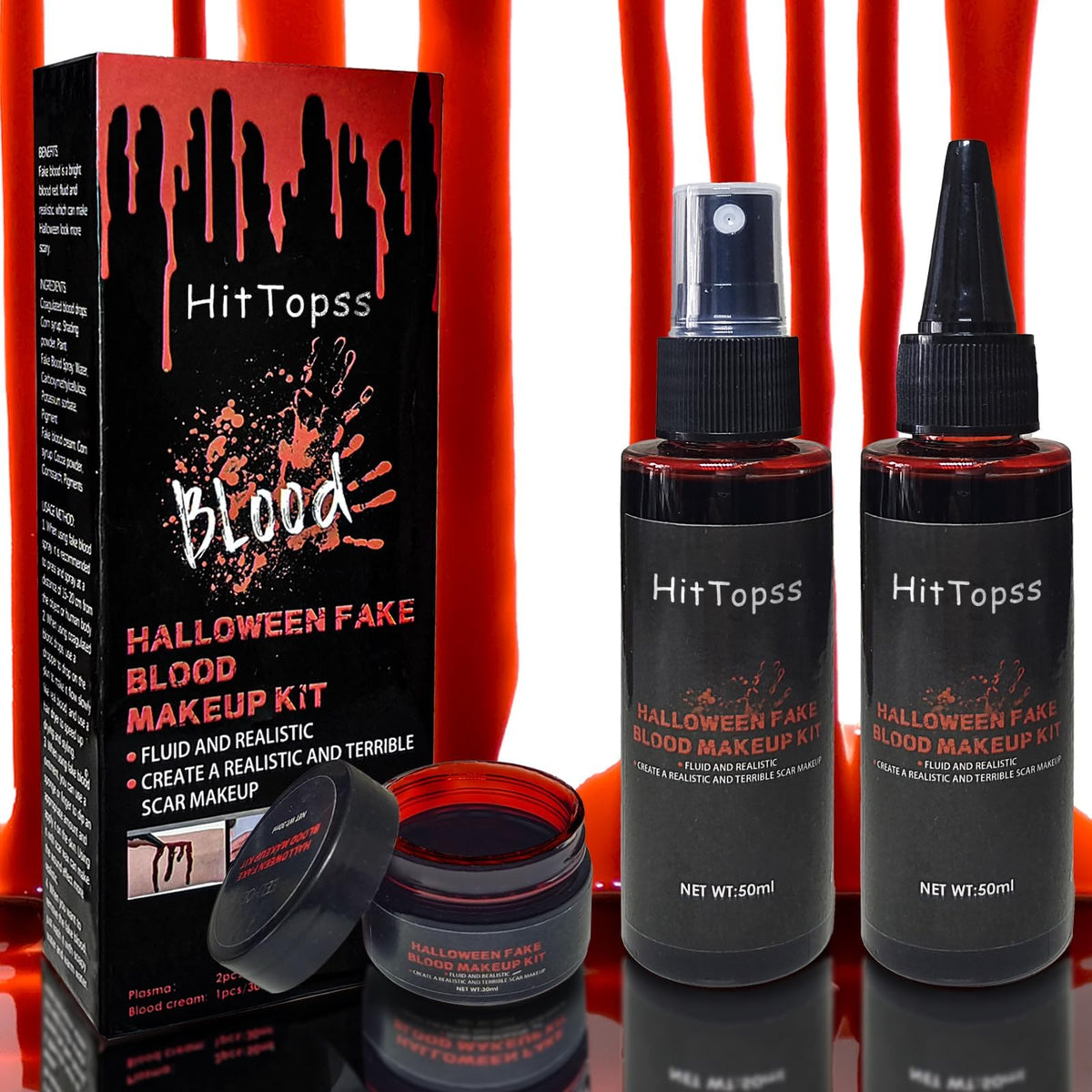 KASTWAVE 3PCS Halloween Fake Blood Makeup Kit, Fake Blood Spray 1.76oz + Dripping Blood 1.76oz + 1.41oz Coagulated Gel Blood, Washable Fake Blood Makeup for Clothes, Zombie, Vampire Cosplay & Dress Up