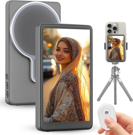 Oasisgalore Magnetic Phone Camera Selfie Monitor Screen, Rear Camera Monitor for Selfie Vlogging, Bluetooth Remote, 3-Level Brightness, TikTok/YouTube Live, iPhone&Android Compatible - Grey