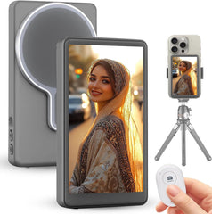 Oasisgalore Magnetic Phone Camera Selfie Monitor Screen, Rear Camera Monitor for Selfie Vlogging, Bluetooth Remote, 3-Level Brightness, TikTok/YouTube Live, iPhone&Android Compatible - Grey