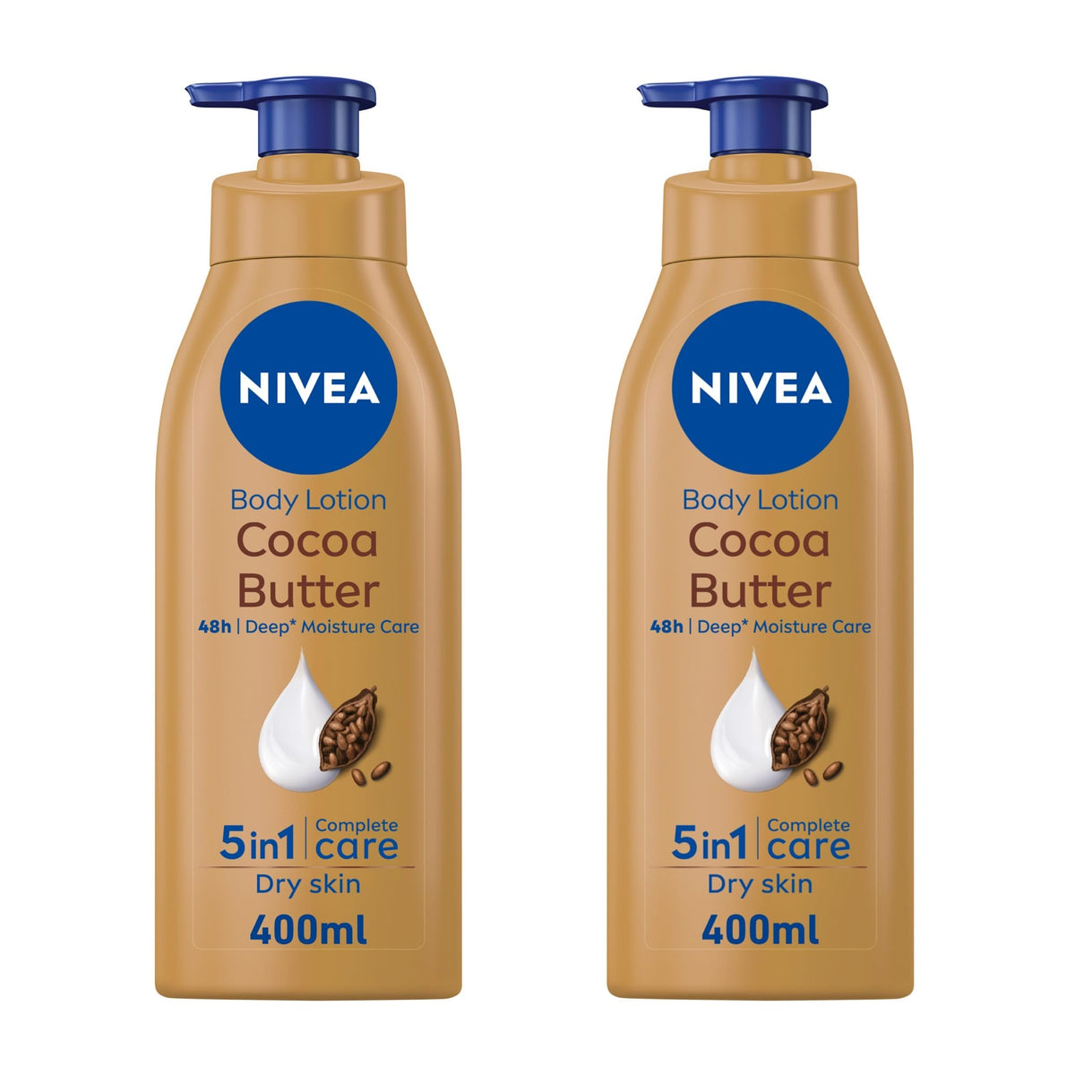 NIVEA Body Lotion for Dry Skin, Cocoa Butter, 5in1 Complete Care, 48H Deep Moisture, 2x400ml - Pack of 2