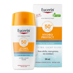 Eucerin Sunscreen Hydro Protect Face Ultra Light Fluid, High UVA/UVB Protection, SPF 50+, Suitable for Daily Use, Non sticky, Non Greasy, Suitable for All Skin Types - 50ml