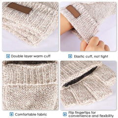 Winter Gloves, Convertible Wool Mittens for Men and Women, Warm Thermal Knit Flip Top Snow Glove for Cold Weather - Beige