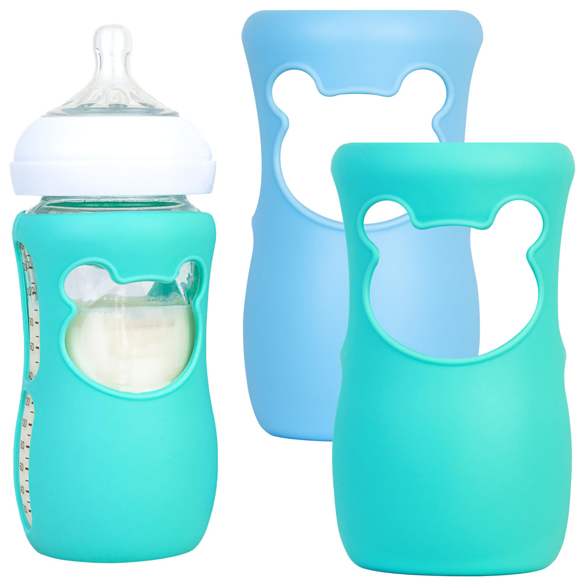 Aelop 100% Silicone Baby Bottle Sleeves for Philips Avent Natural Glass Baby Bottles, Premium Food Grade Silicone Bottle Cover, Cute Bear Design, 8oz, Pack of 2 (Blue and Turquoise)