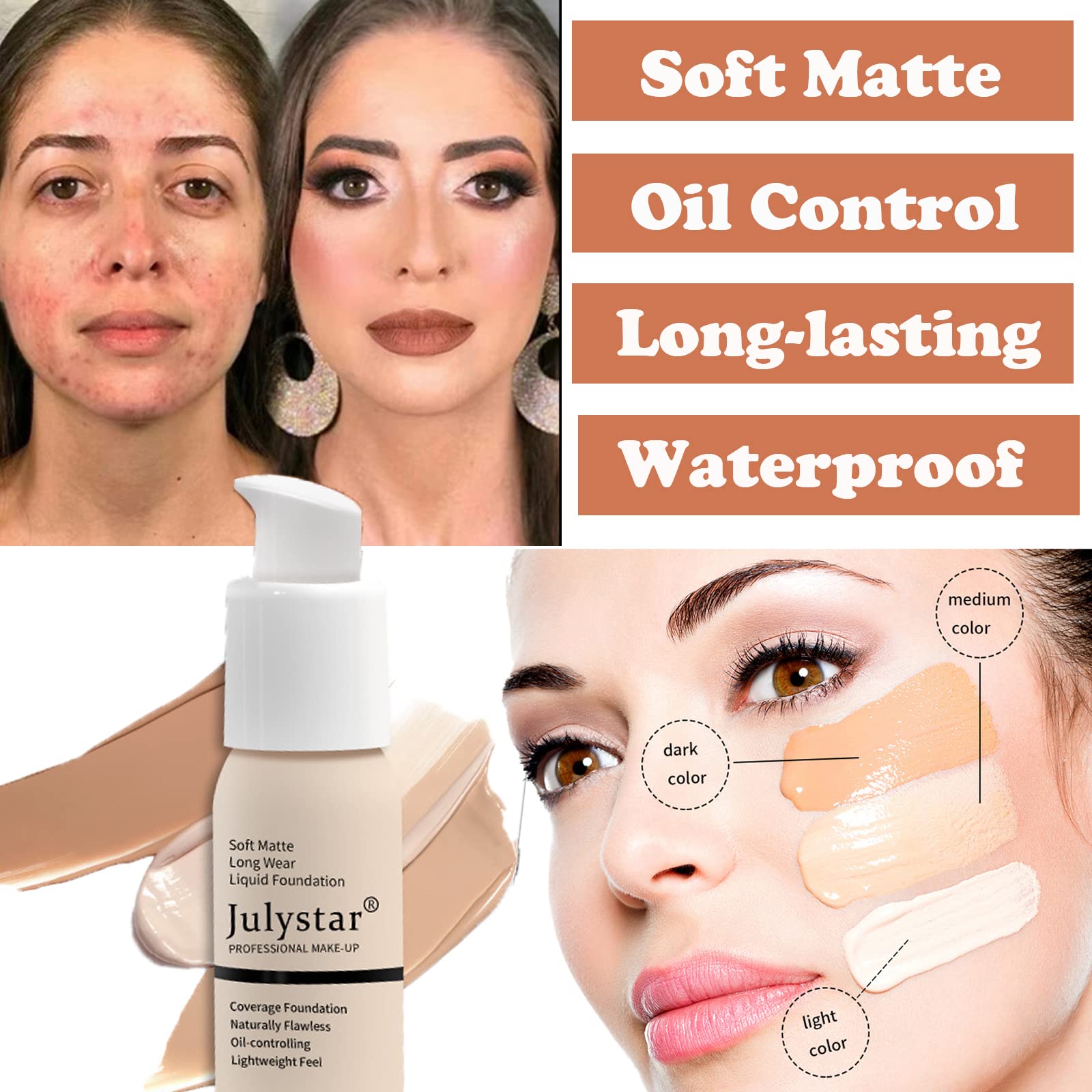 Liquid Foundation Full Coverage Foundation 24HR Matte Oil Control Concealer Long Lasting Waterproof Flawless Cream Smooth Foundation