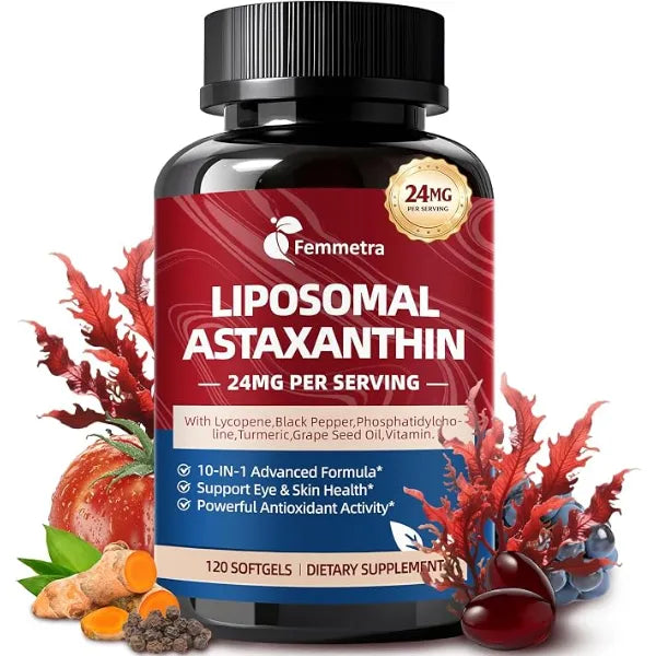 Femmetra 10 IN 1 Astaxanthin Supplements 24mg,Fresh Microalgae Source,120 Softgels 65X Max Strength Astaxanthin Antioxidant Supplement with Lycopene for Skin & Eye Health Support, 95% High Absorption, Non-GMO